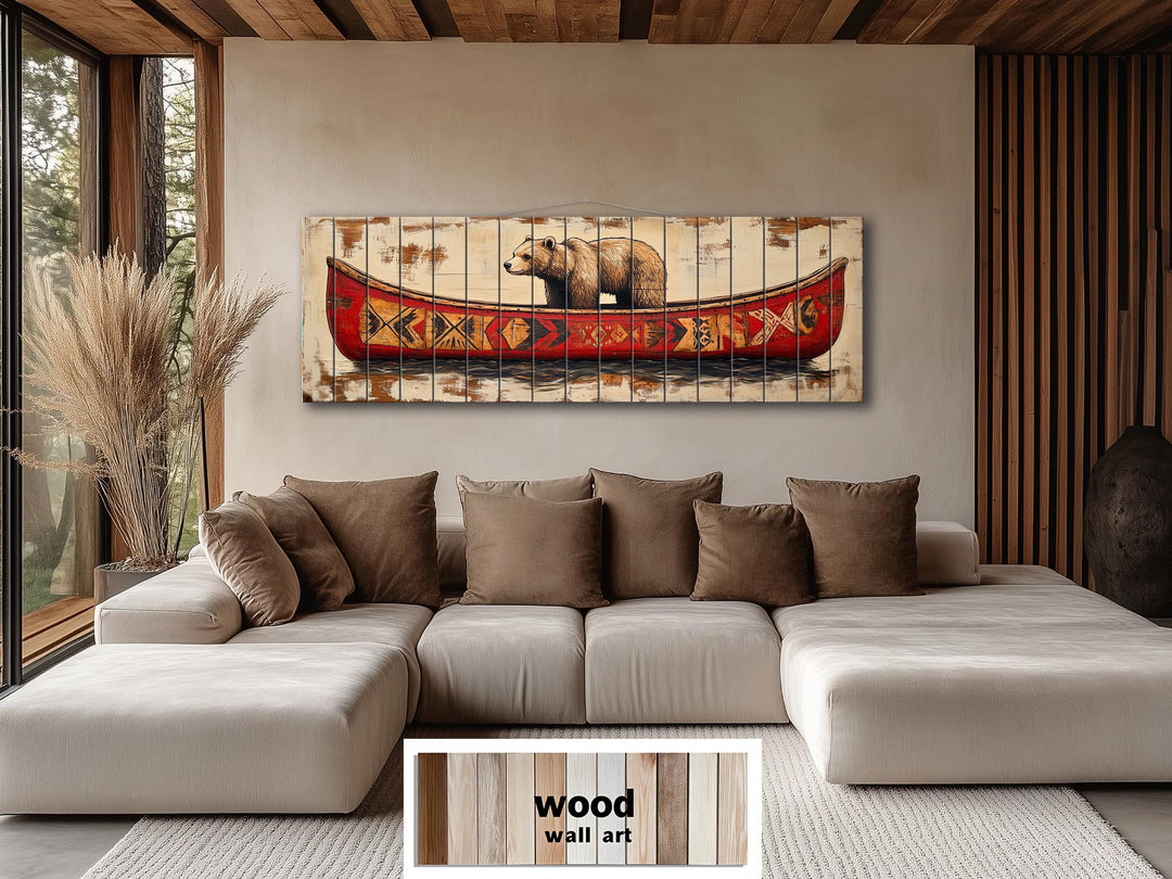 Bear In Red Canoe Real Wood Wall Art For Cabin Wall Decor