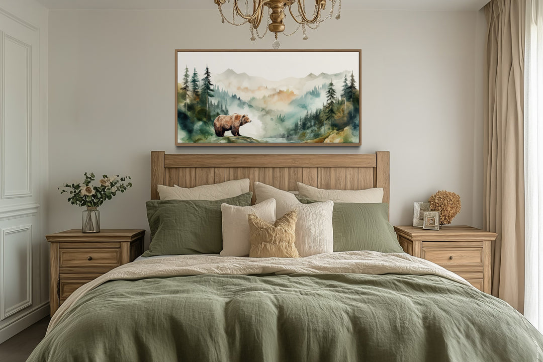 Bear In The Wilderness Forest Watercolor Framed Canvas Wall Art