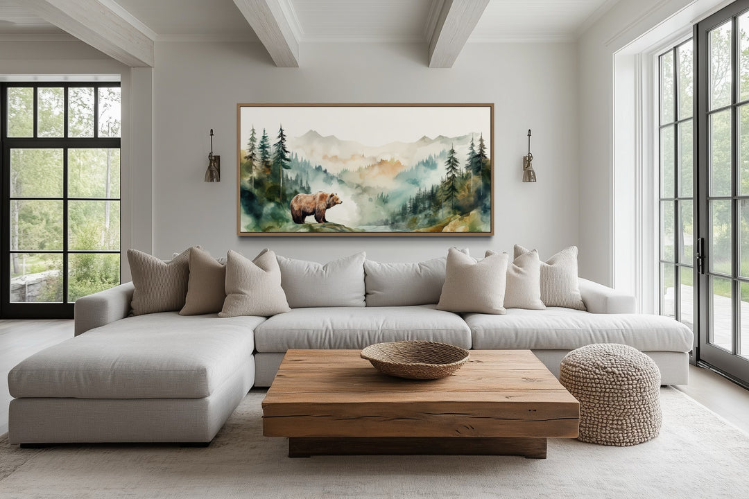 Bear In The Wilderness Forest Watercolor Framed Canvas Wall Art