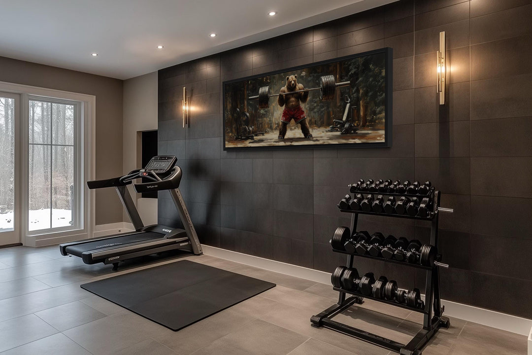 Bear Lifting Weights Wall Art - Long Horizontal Canvas For Cabin Style Gym Decor