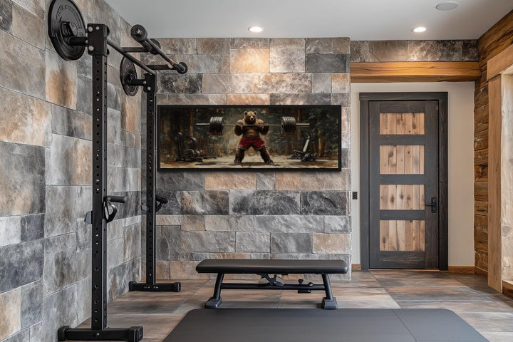 Bear Lifting Weights Wall Art - Long Horizontal Canvas For Cabin Style Gym Decor