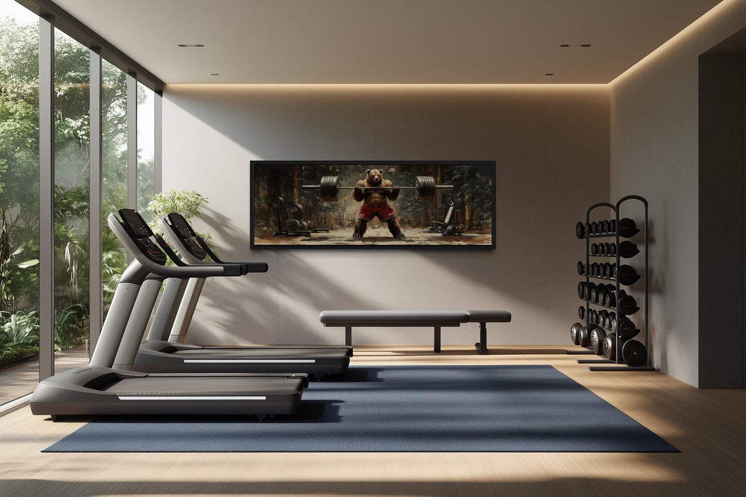 Bear Lifting Weights Wall Art - Long Horizontal Canvas For Cabin Style Gym Decor