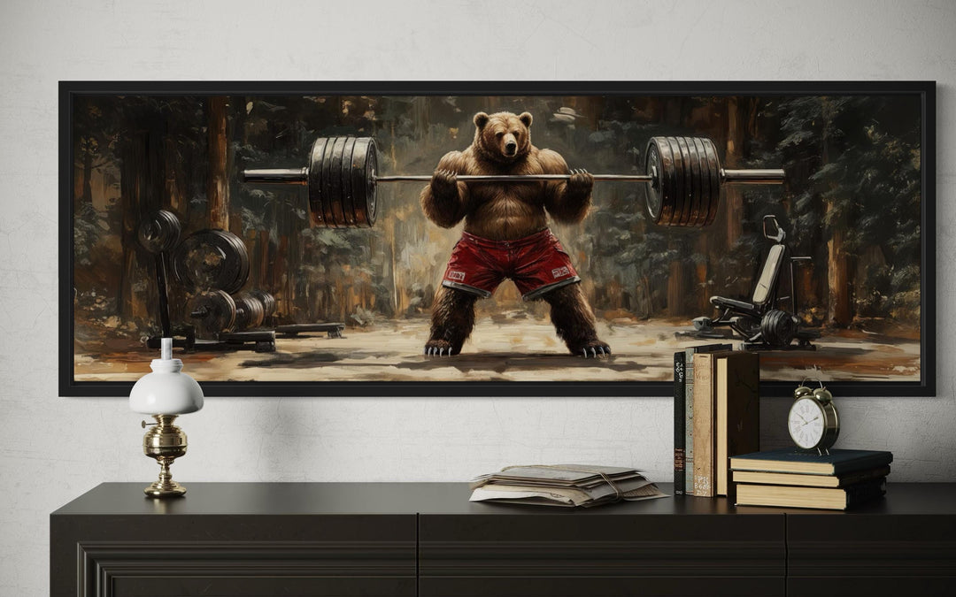 Bear Lifting Weights Wall Art - Long Horizontal Canvas For Cabin Style Gym Decor
