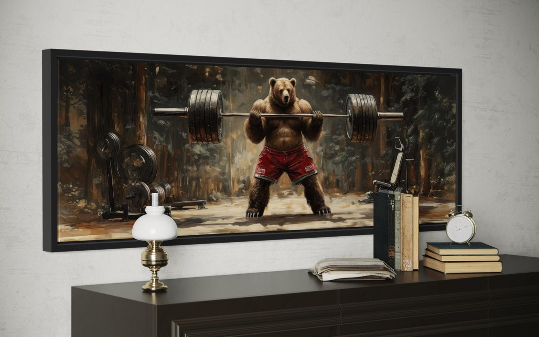 Bear Lifting Weights Wall Art - Long Horizontal Canvas For Cabin Style Gym Decor