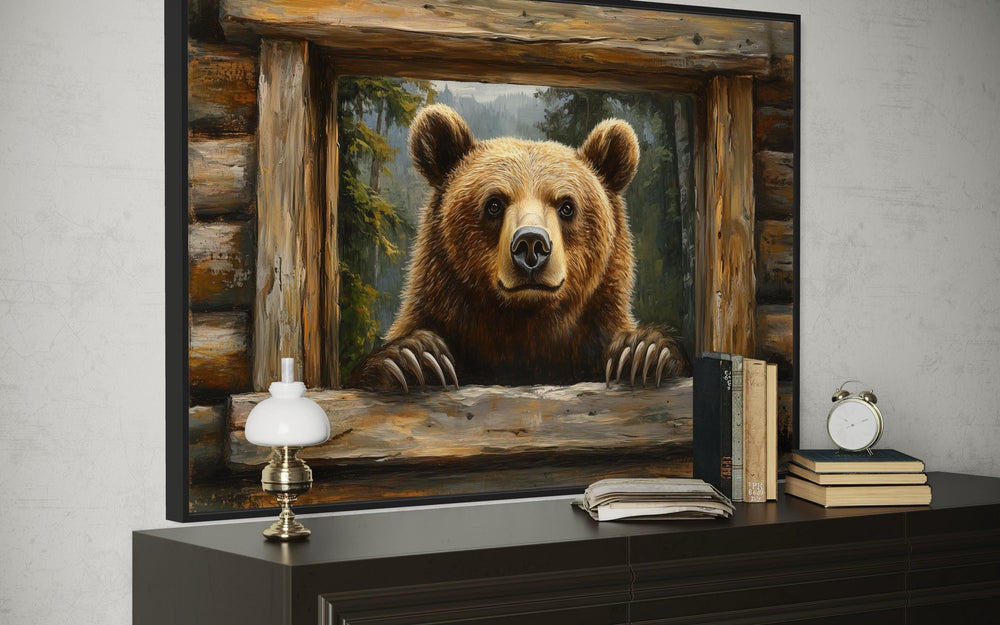 Bear Looking Through Cabin Window Canvas Wall Art For Cottage Decor