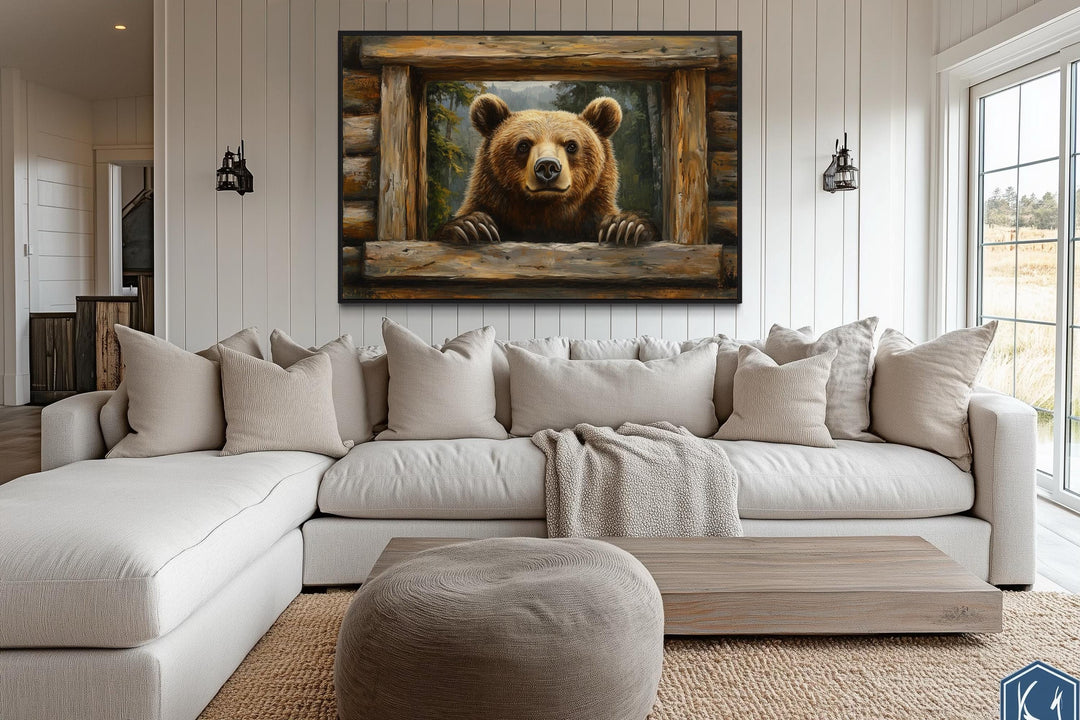 Bear Looking Through Cabin Window Canvas Wall Art For Cottage Decor