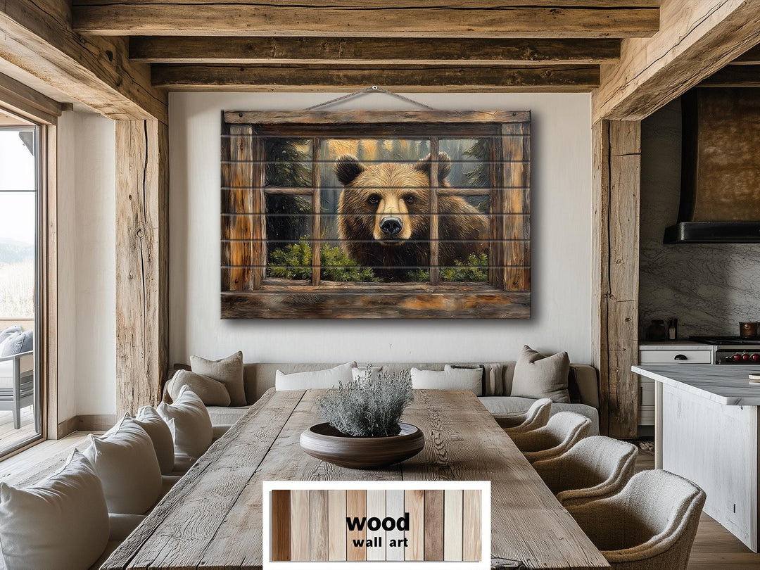 Bear Looking Through Cabin Window Distressed Wood Wall Art