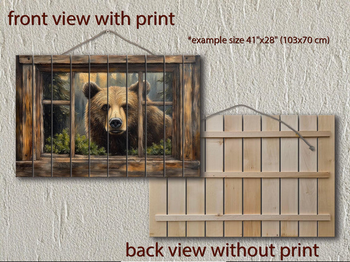 Bear Looking Through Cabin Window Distressed Wood Wall Art