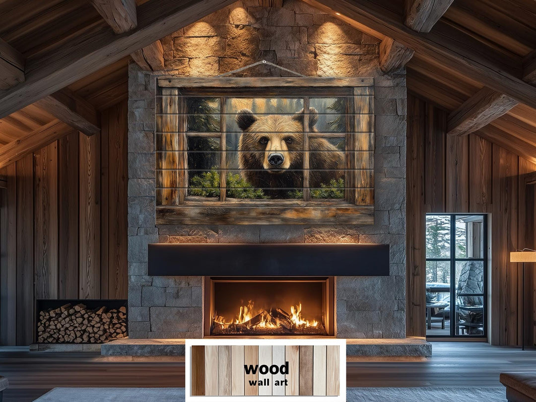 Bear Looking Through Cabin Window Distressed Wood Wall Art