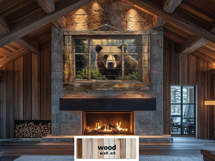 Bear Looking Through Cabin Window Distressed Wood Wall Art