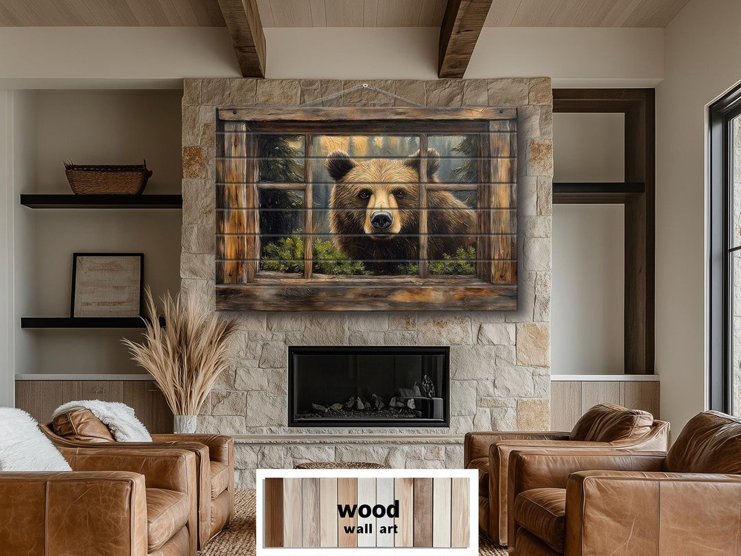 Bear Looking Through Cabin Window Distressed Wood Wall Art