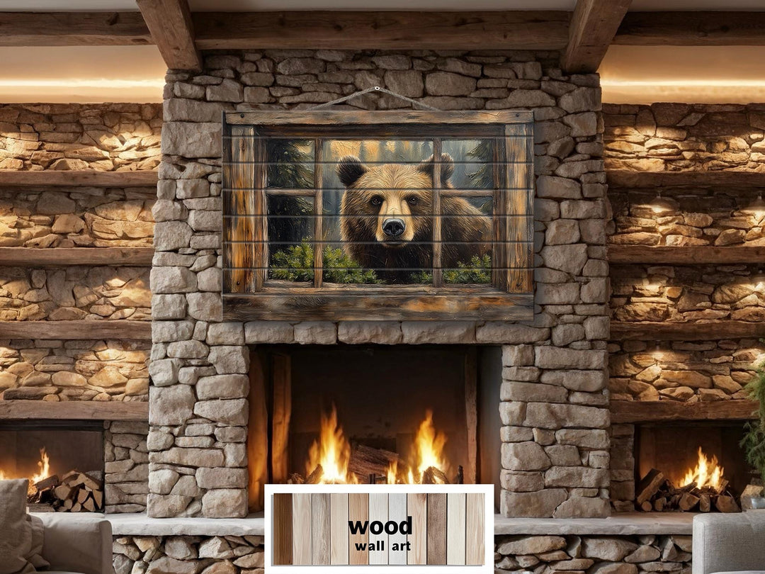 Bear Looking Through Cabin Window Distressed Wood Wall Art