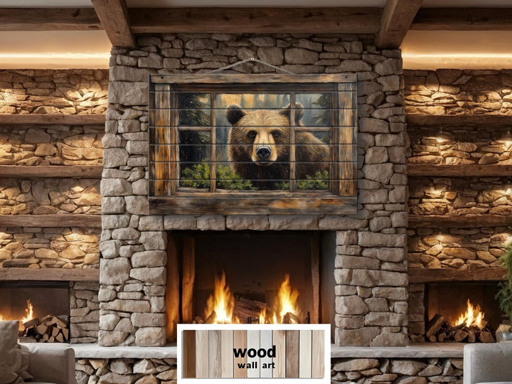 Bear Looking Through Cabin Window Distressed Wood Wall Art