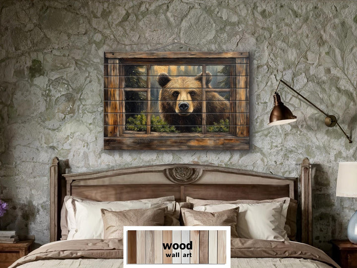 Bear Looking Through Cabin Window Distressed Wood Wall Art
