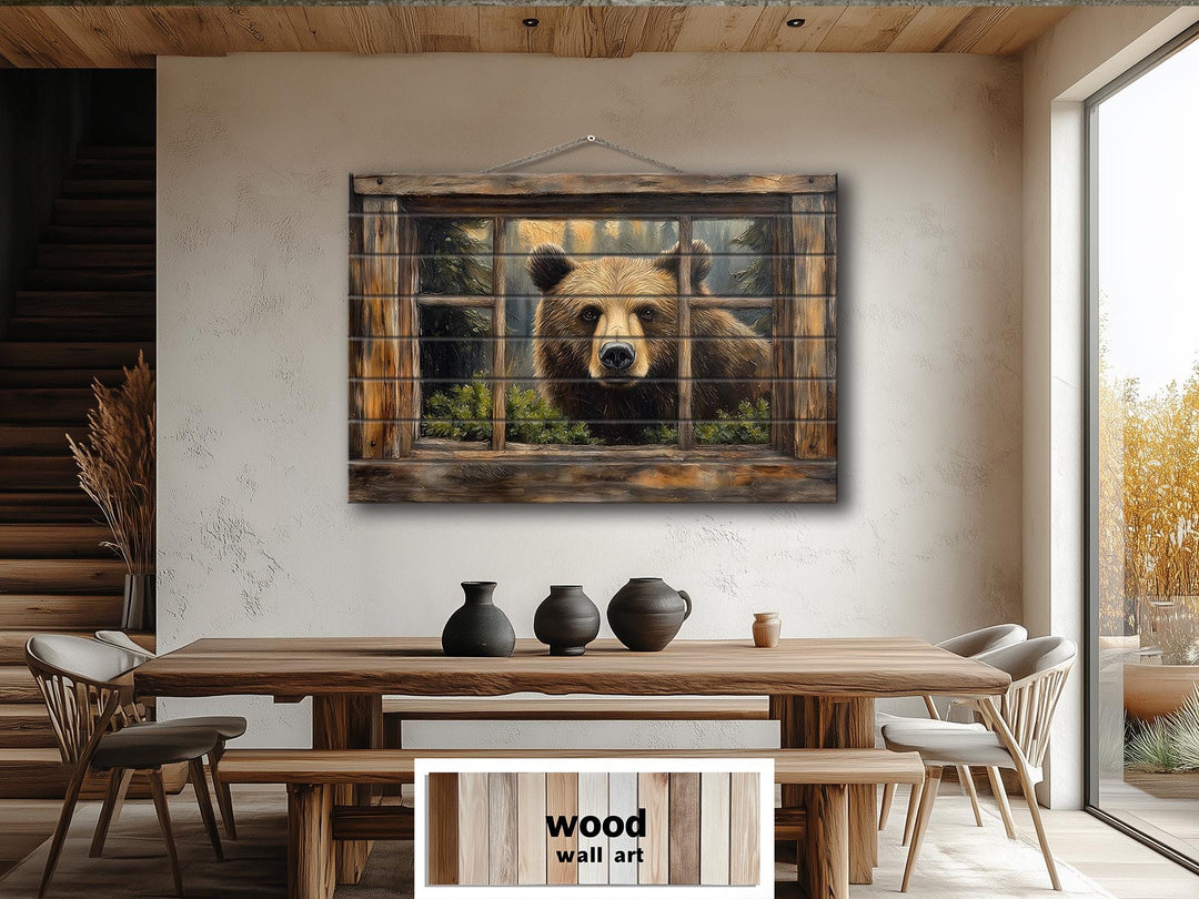 Bear Looking Through Cabin Window Distressed Wood Wall Art
