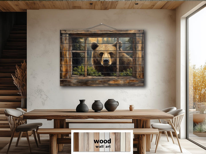 Bear Looking Through Cabin Window Distressed Wood Wall Art