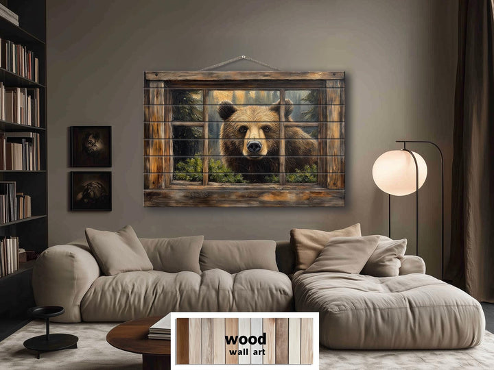 Bear Looking Through Cabin Window Distressed Wood Wall Art