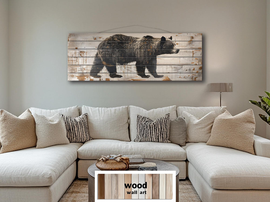 Bear Rustic Distressed Long Horizontal Wood Wall Art