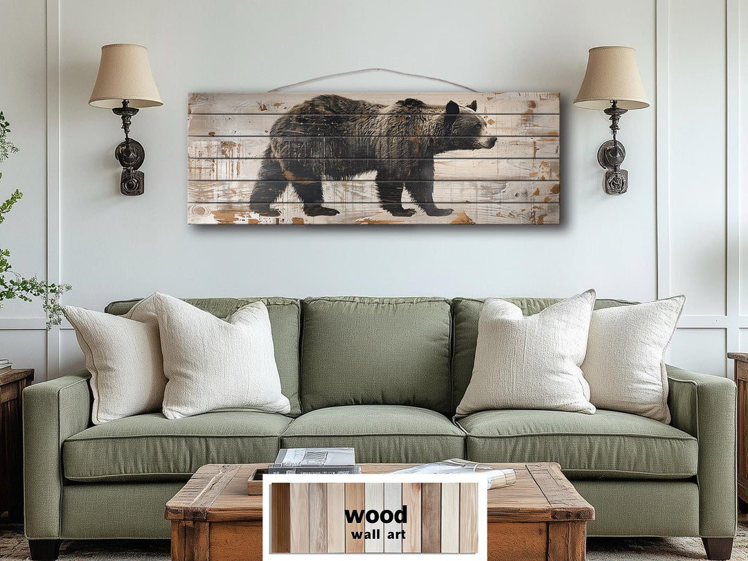 Bear Rustic Distressed Long Horizontal Wood Wall Art