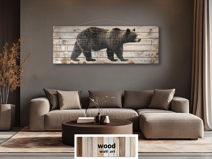 Bear Rustic Distressed Long Horizontal Wood Wall Art
