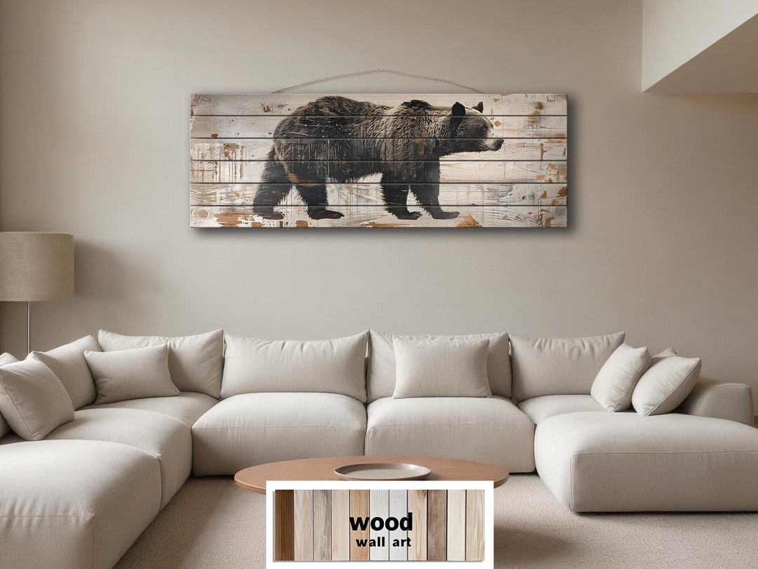 Bear Rustic Distressed Long Horizontal Wood Wall Art