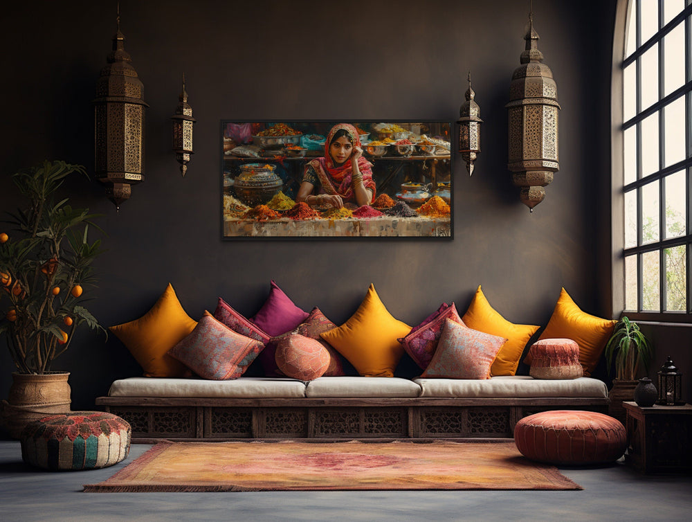 Beautiful Indian Girl Selling Spices At Indian Bazaar Framed Canvas Wall Art