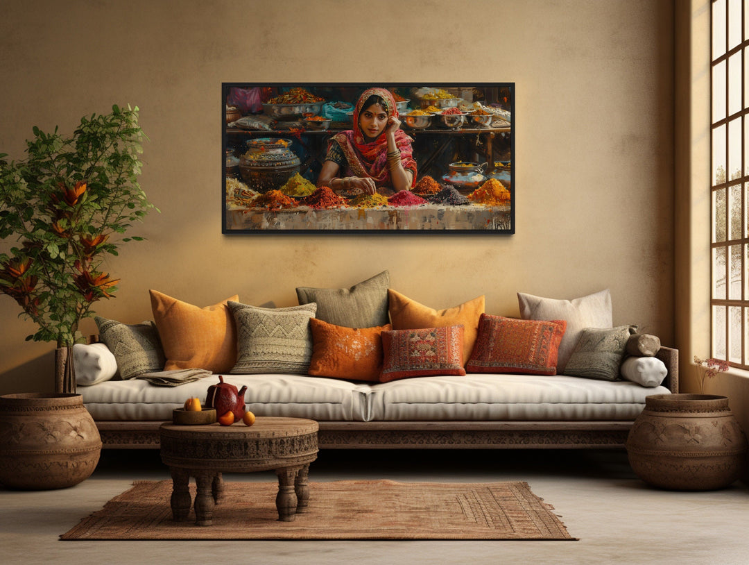 Beautiful Indian Girl Selling Spices At Indian Bazaar Framed Canvas Wall Art