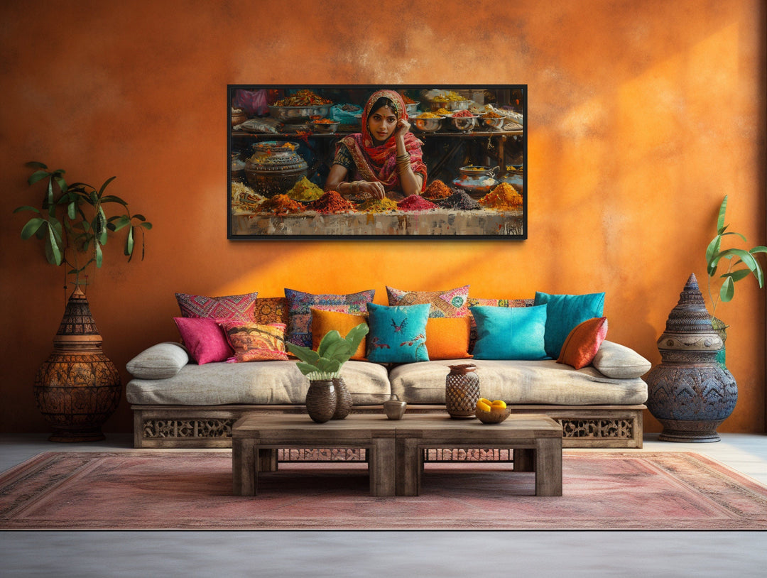 Beautiful Indian Girl Selling Spices At Indian Bazaar Framed Canvas Wall Art