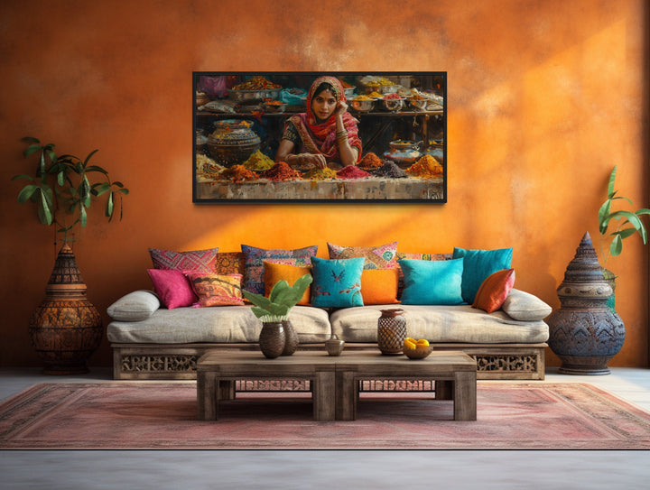 Beautiful Indian Girl Selling Spices At Indian Bazaar Framed Canvas Wall Art