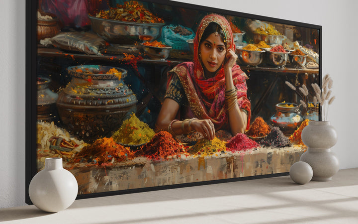 Beautiful Indian Girl Selling Spices At Indian Bazaar Framed Canvas Wall Art