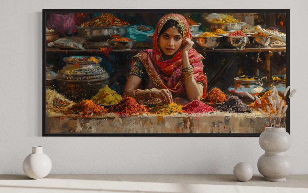 Beautiful Indian Girl Selling Spices At Indian Bazaar Framed Canvas Wall Art