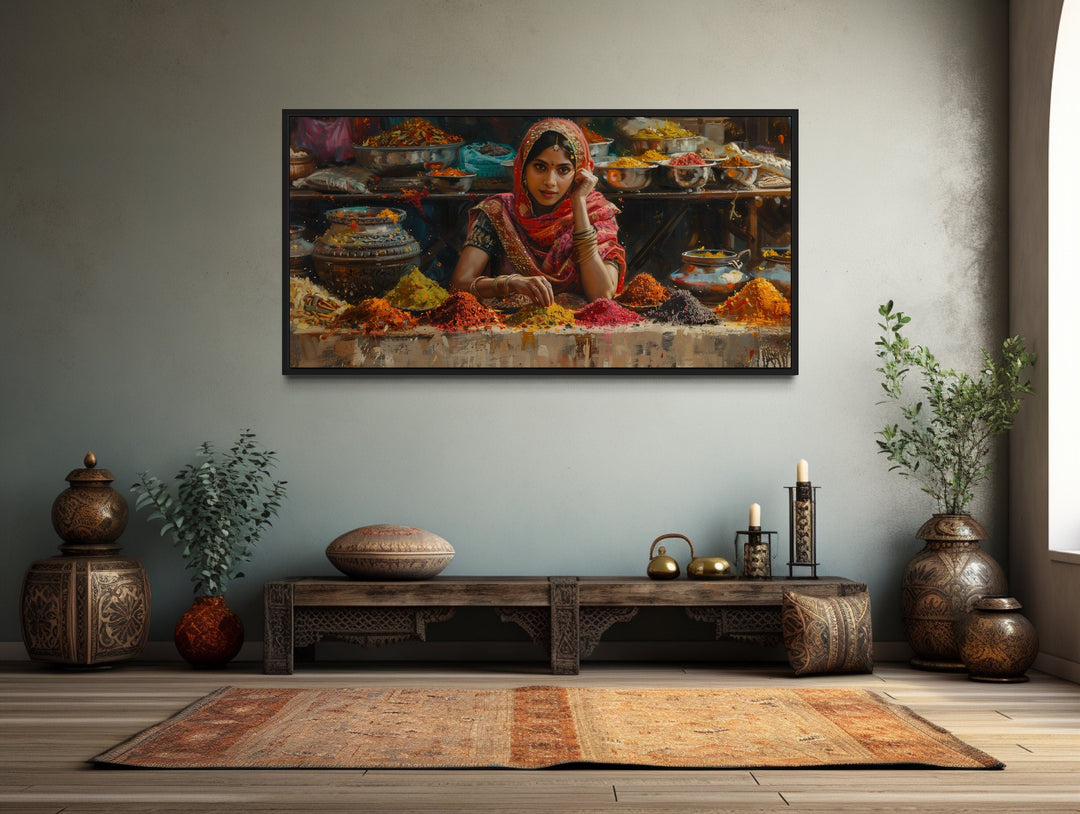 Beautiful Indian Girl Selling Spices At Indian Bazaar Framed Canvas Wall Art