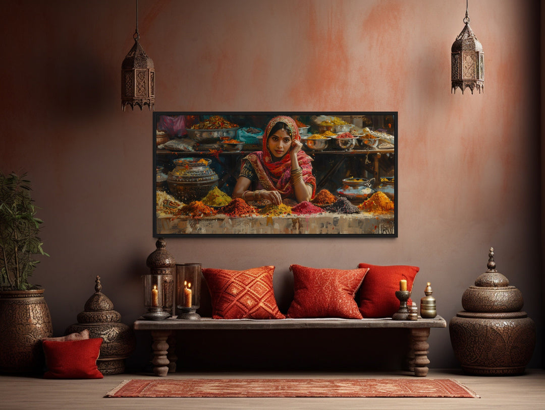 Beautiful Indian Girl Selling Spices At Indian Bazaar Framed Canvas Wall Art