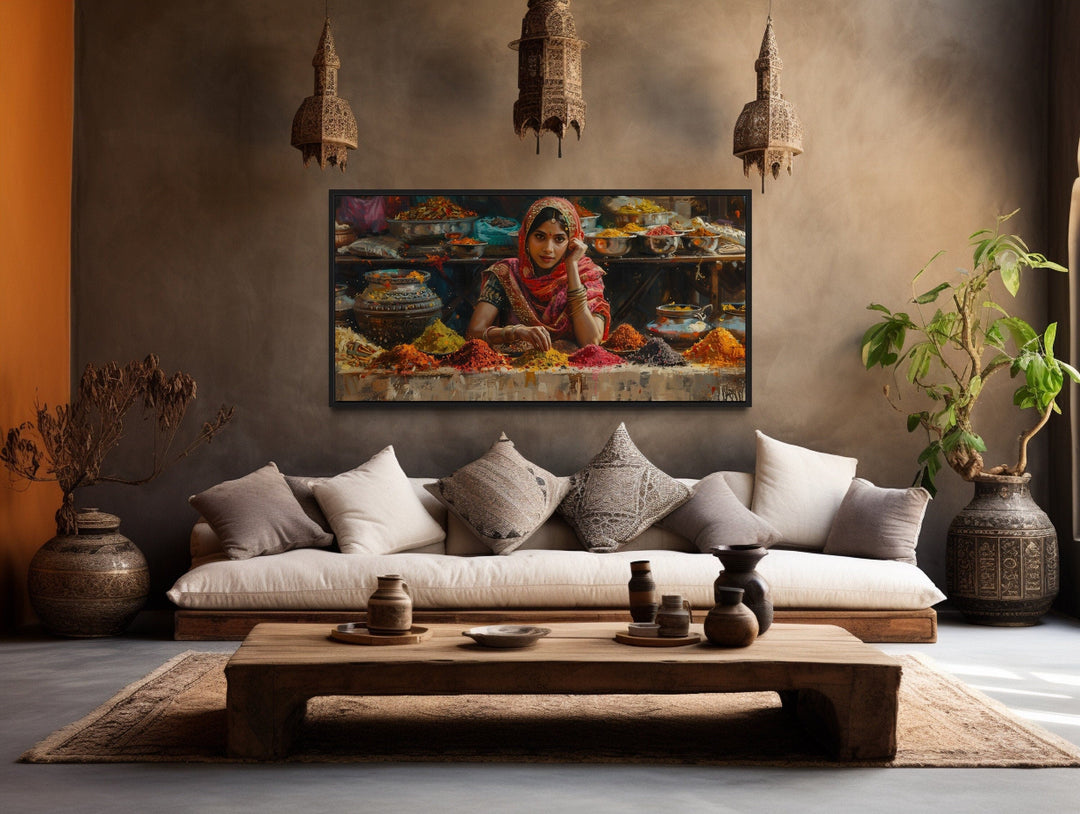 Beautiful Indian Girl Selling Spices At Indian Bazaar Framed Canvas Wall Art