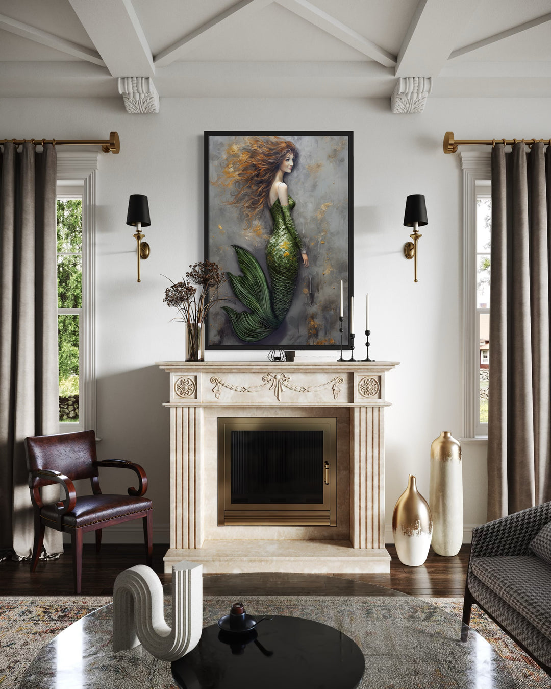 Beautiful Mermaid With Green Tail Framed Canvas Wall Art