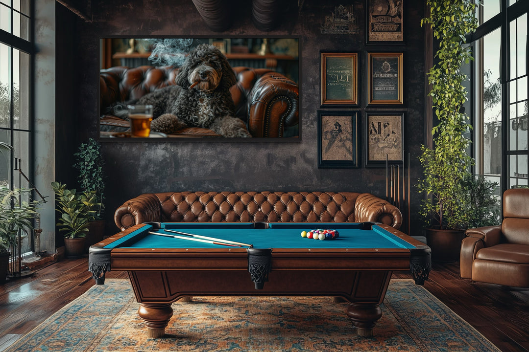 Bernedoodle On Couch Smoking Cigar Drinking Whiskey Framed Canvas Wall Art