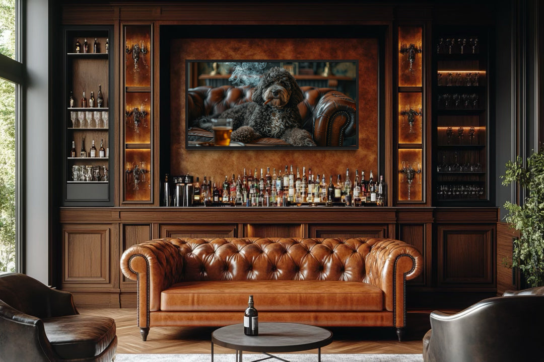 Bernedoodle On Couch Smoking Cigar Drinking Whiskey Framed Canvas Wall Art