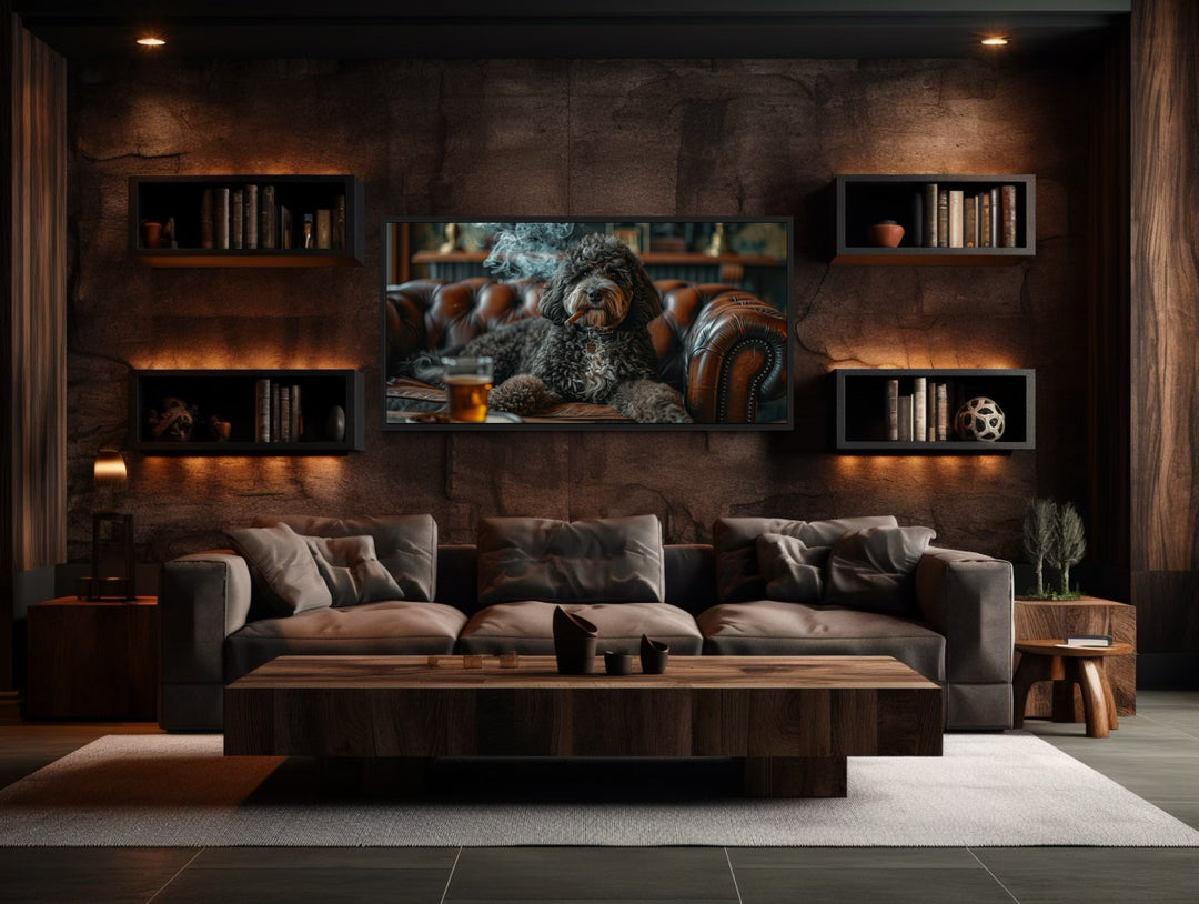 Bernedoodle On Couch Smoking Cigar Drinking Whiskey Framed Canvas Wall Art