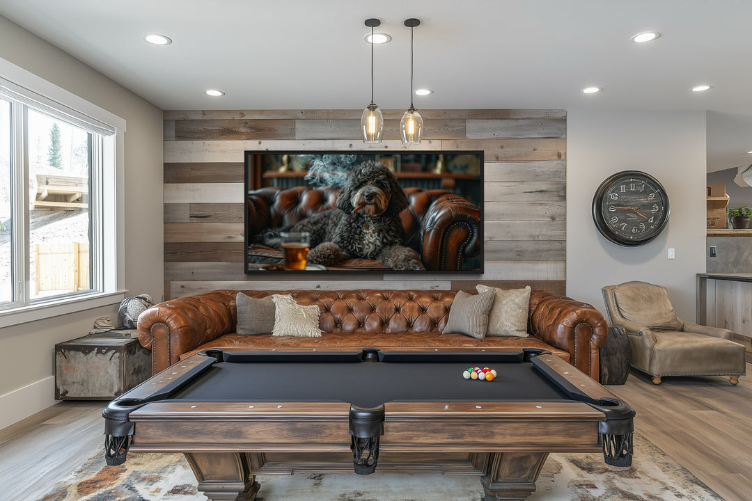 Bernedoodle On Couch Smoking Cigar Drinking Whiskey Framed Canvas Wall Art