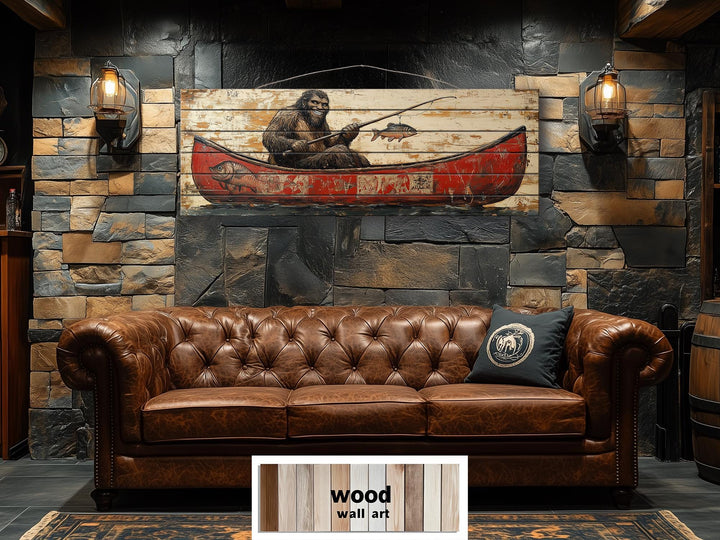 Bigfoot Fishing In Red Canoe Real Wood Wall Art For Cabin Decor
