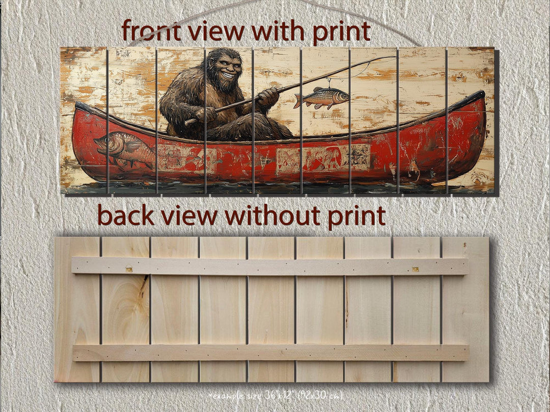 Bigfoot Fishing In Red Canoe Real Wood Wall Art For Cabin Decor