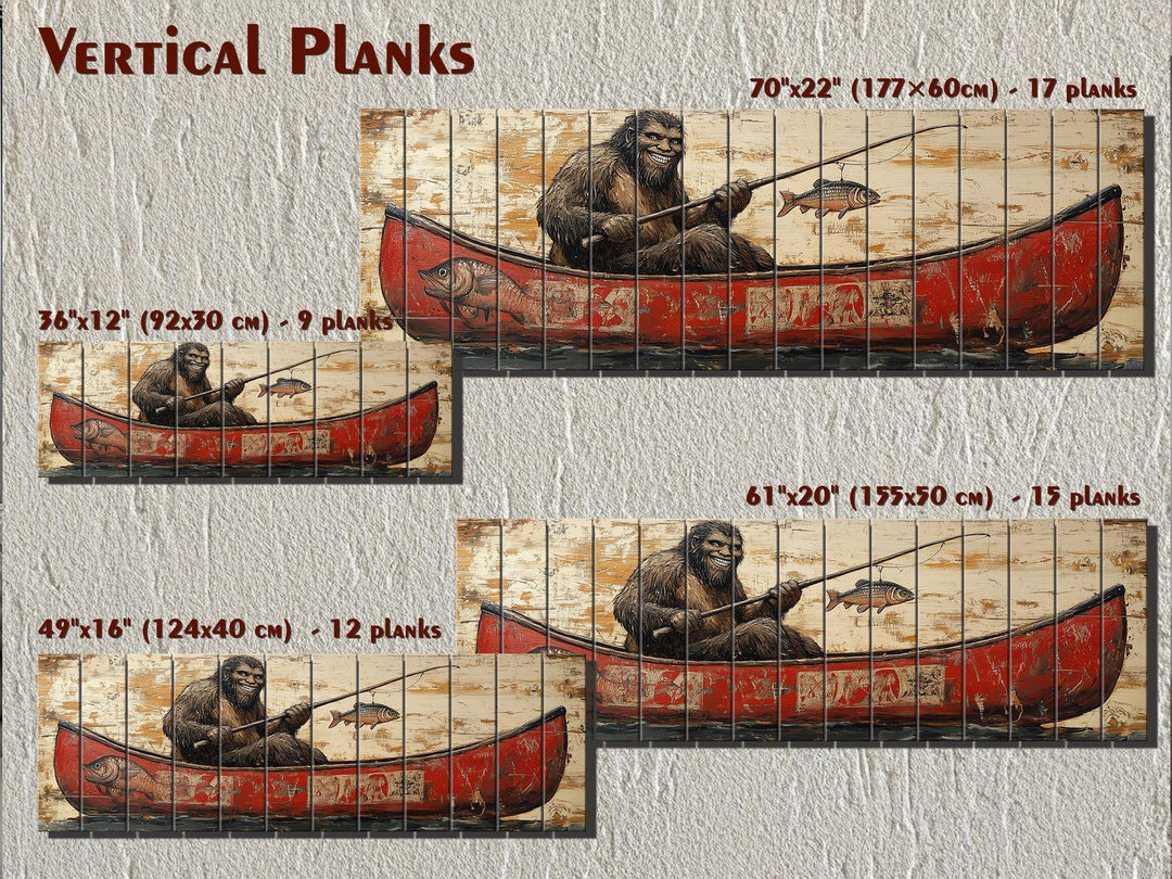 Bigfoot Fishing In Red Canoe Real Wood Wall Art For Cabin Decor