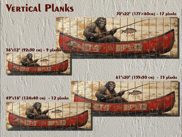 Bigfoot Fishing In Red Canoe Real Wood Wall Art For Cabin Decor