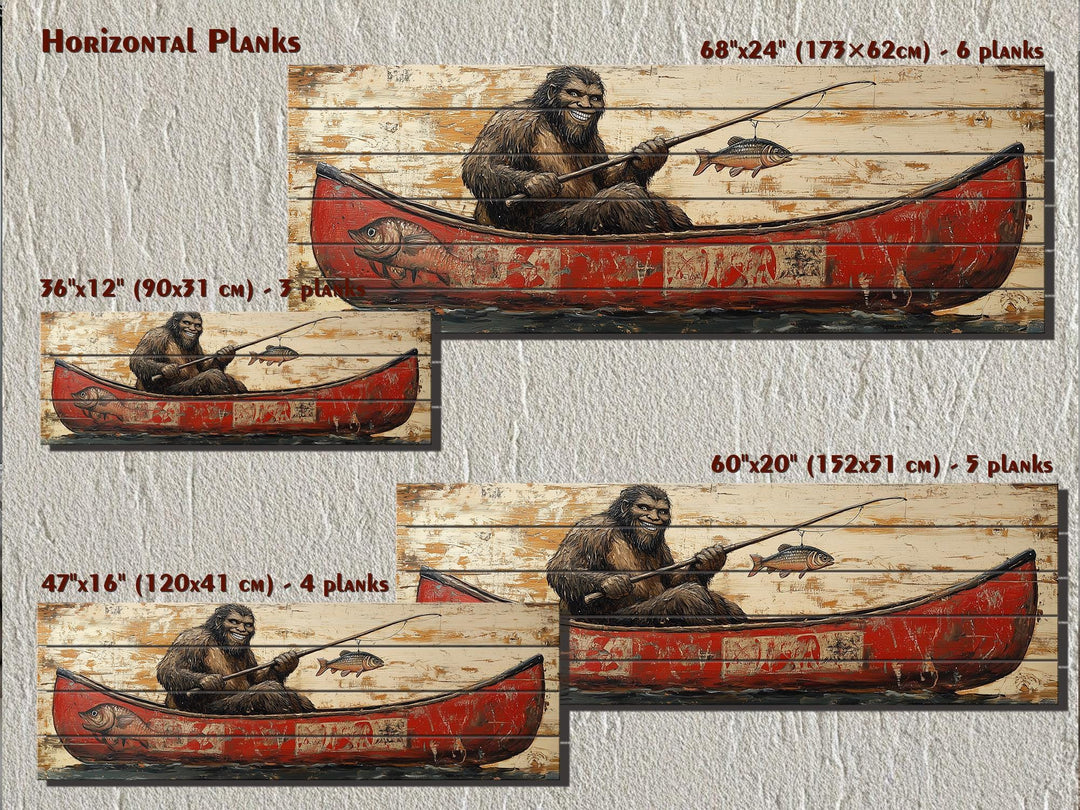 Bigfoot Fishing In Red Canoe Real Wood Wall Art For Cabin Decor