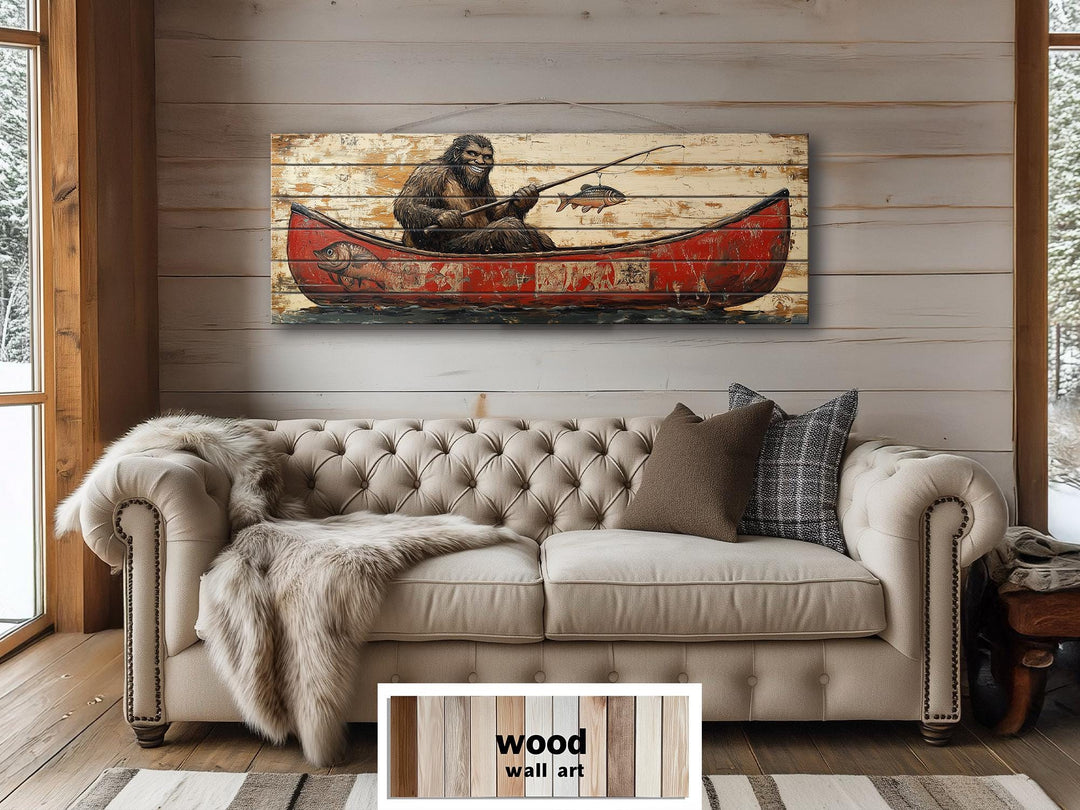 Bigfoot Fishing In Red Canoe Real Wood Wall Art For Cabin Decor