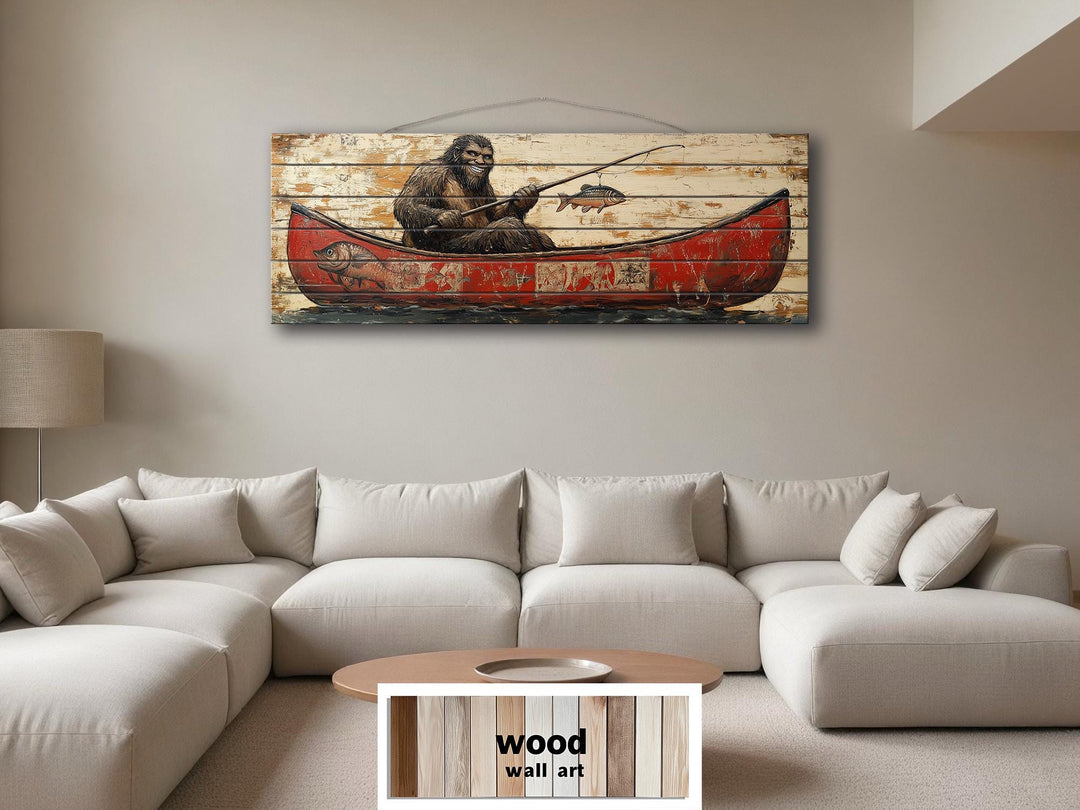 Bigfoot Fishing In Red Canoe Real Wood Wall Art For Cabin Decor