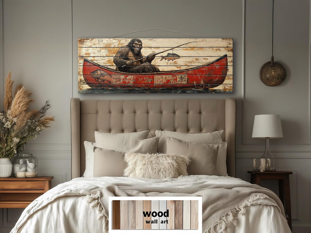 Bigfoot Fishing In Red Canoe Real Wood Wall Art For Cabin Decor