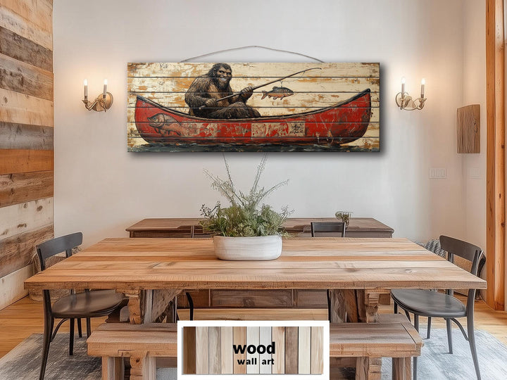 Bigfoot Fishing In Red Canoe Real Wood Wall Art For Cabin Decor