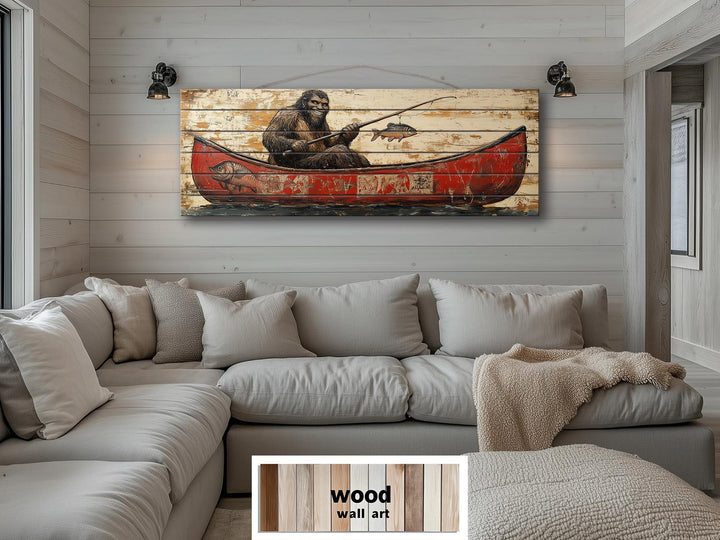 Bigfoot Fishing In Red Canoe Real Wood Wall Art For Cabin Decor