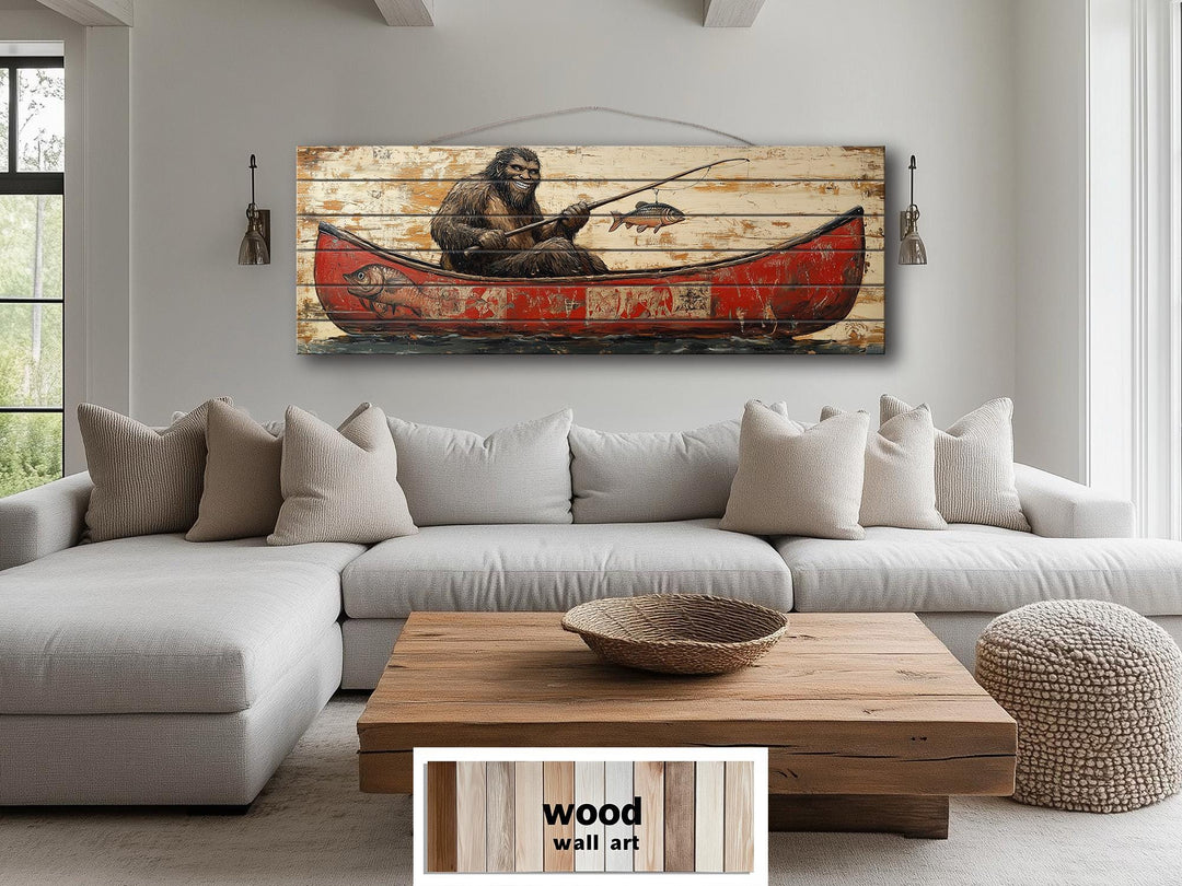 Bigfoot Fishing In Red Canoe Real Wood Wall Art For Cabin Decor